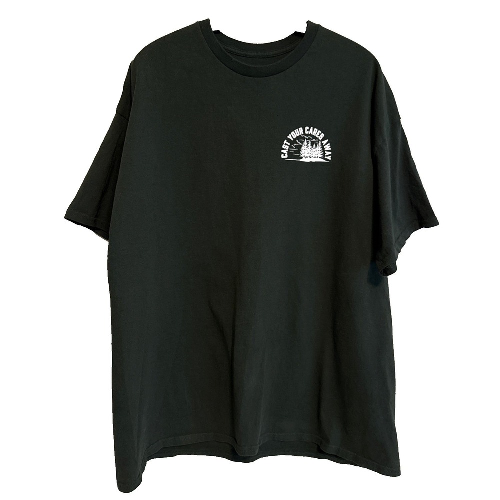 Cast Your Cares Away Fishing Graphic T-Shirt 2XL Relaxed Fit Fisherman Gorpcore